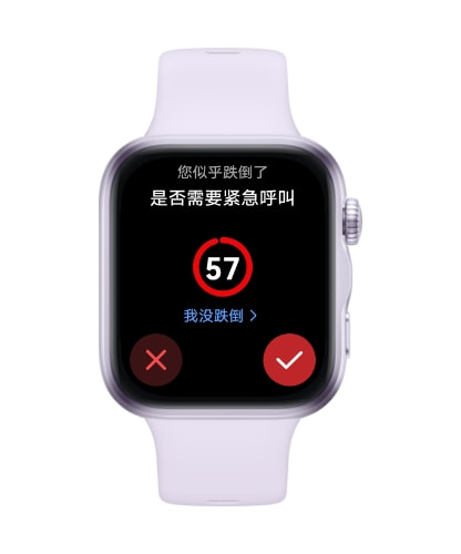 HUAWEI WATCH FIT 5 表盘显示紧急呼叫界面，展示了手表支持骑行意外跌倒检测的功能