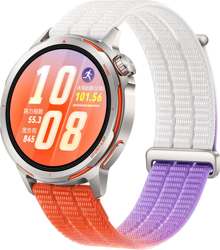 HUAWEI WATCH GT Runner 2 破晓橙侧 45° 视图，搭配华为云感呼吸编织表带