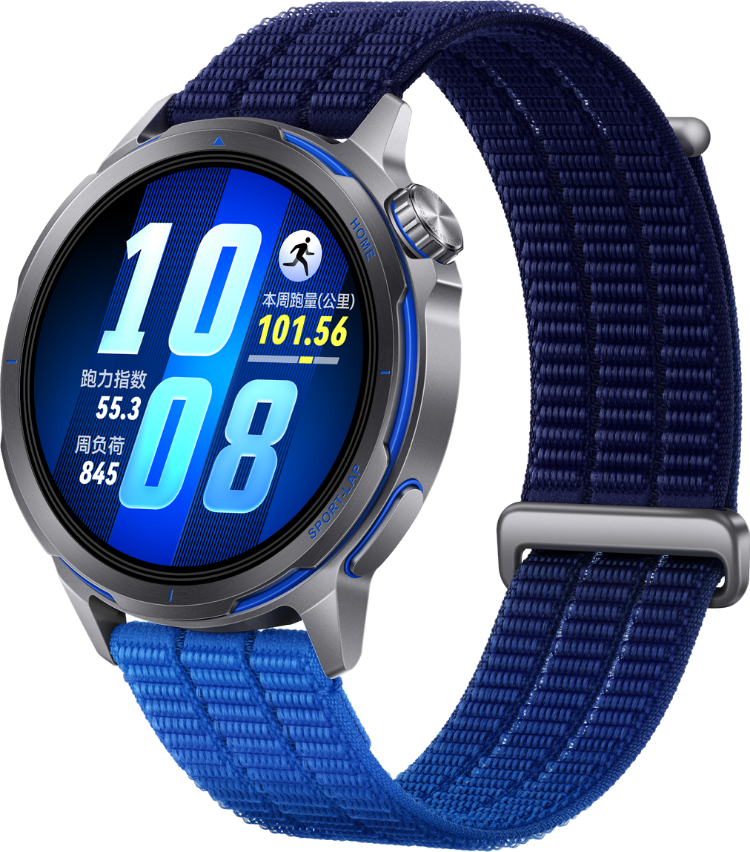 HUAWEI WATCH GT Runner 2 驰光蓝侧 45° 视图，搭配华为云感呼吸编织表带