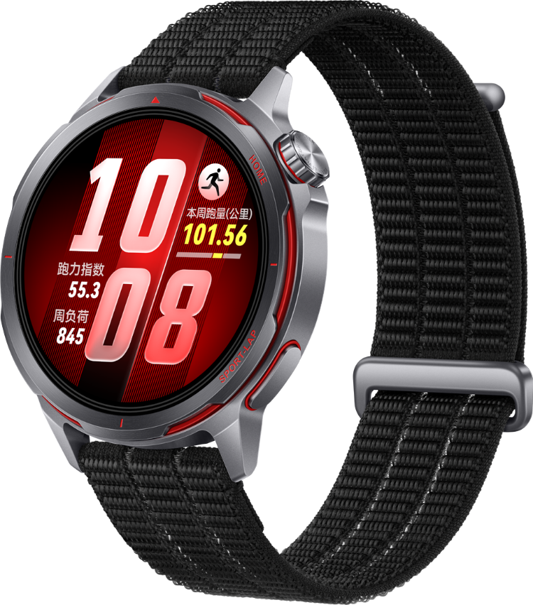 HUAWEI WATCH GT Runner 2 疾影黑侧 45° 视图，搭配华为云感呼吸编织表带