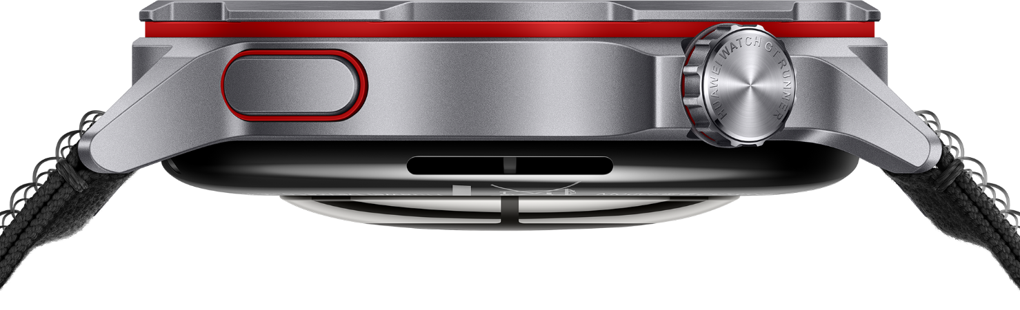 HUAWEI WATCH GT Runner 2 疾影黑侧视图，搭配华为云感呼吸编织表带