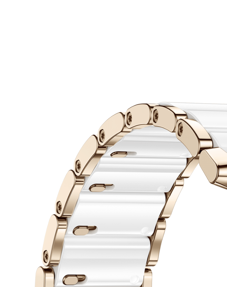 HUAWEI WATCH GT 5 Pro 的表带图，展示了HUAWEI WATCH GT 5 Pro 陶瓷款可自由调节表带长度的功能