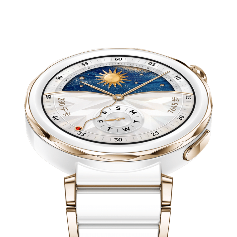 HUAWEI WATCH GT 5 Pro的俯视图，展示了HUAWEI WATCH GT 5 Pro的轻薄与贴腕
