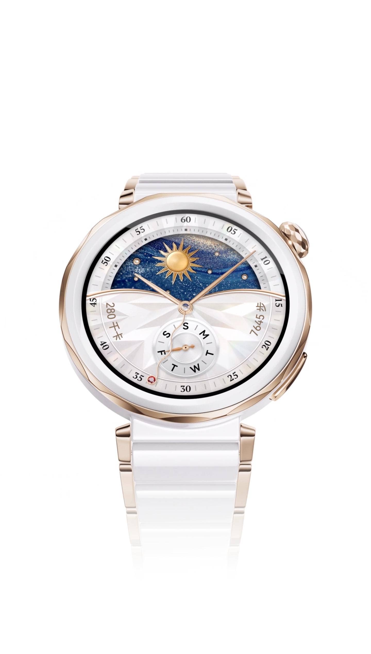 展示 HUAWEI WATCH GT 5 Pro 42mm 的经典款,搭配钛合金表圈，白色陶瓷表带