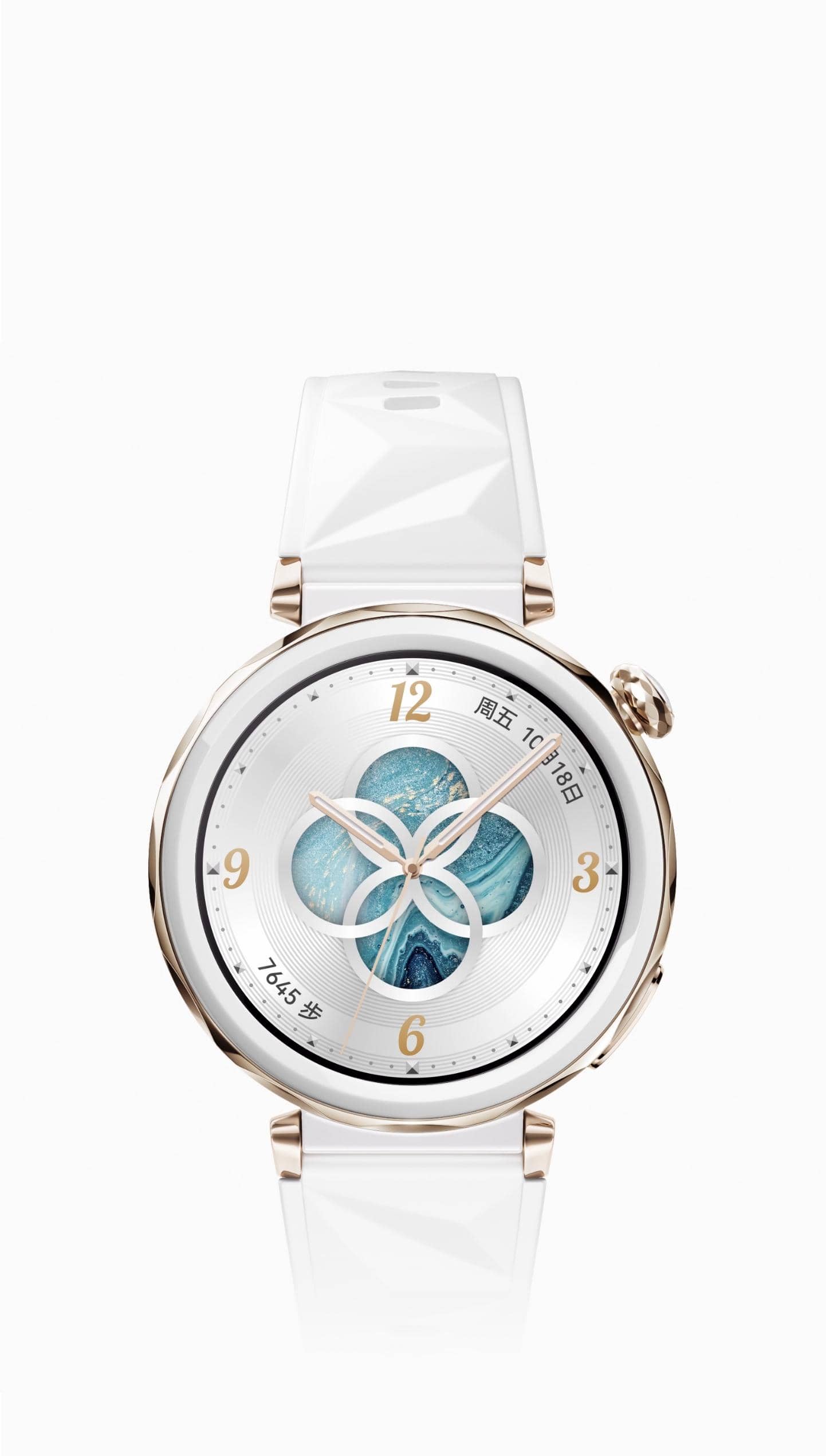 展示 HUAWEI WATCH GT 5 Pro 42mm 的运动款，搭配钛合金表圈，白色氟橡胶表带