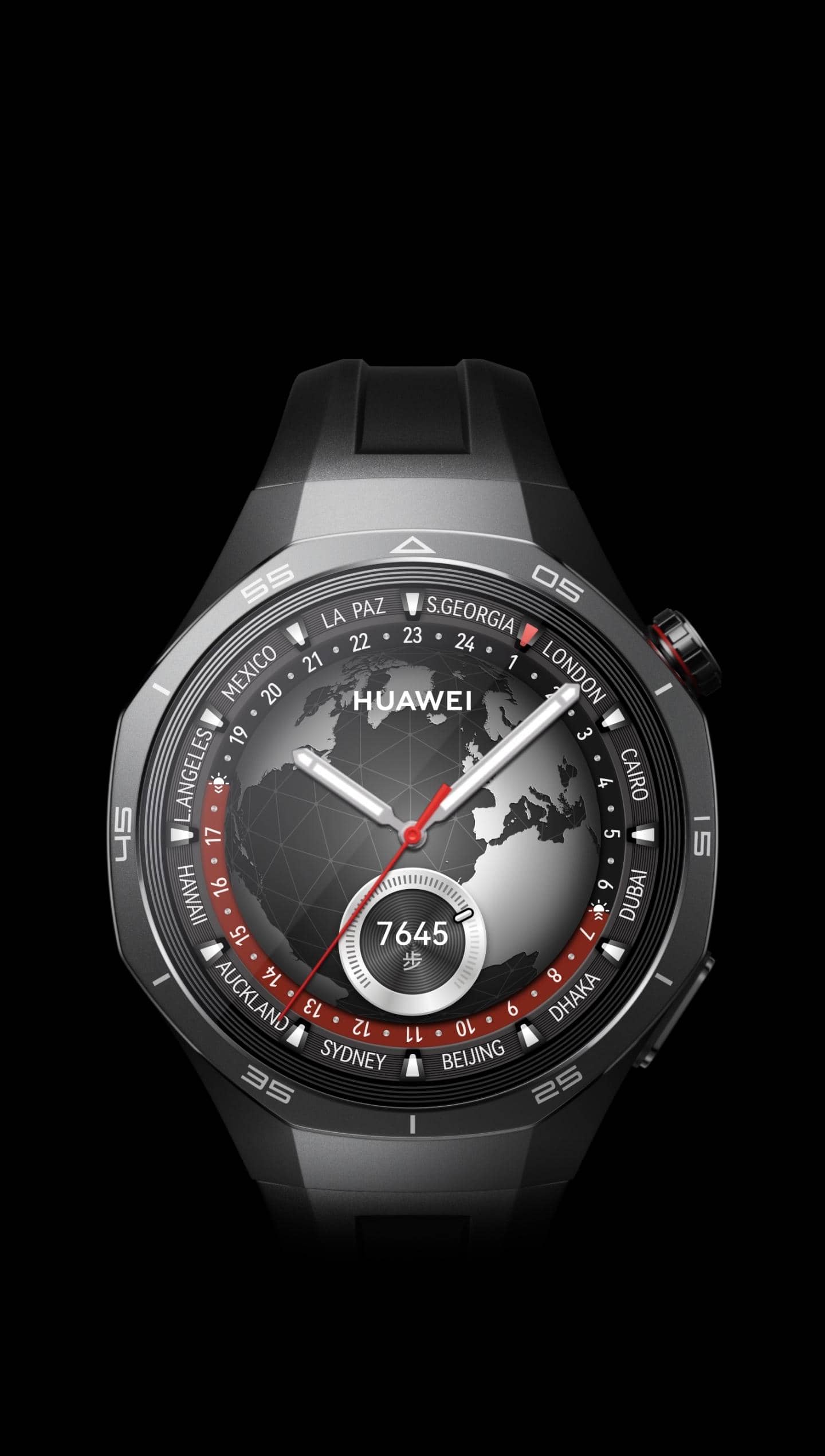 展示 HUAWEI WATCH GT 5 Pro 46mm 的运动款，搭配钛合金表体与氟橡胶表带