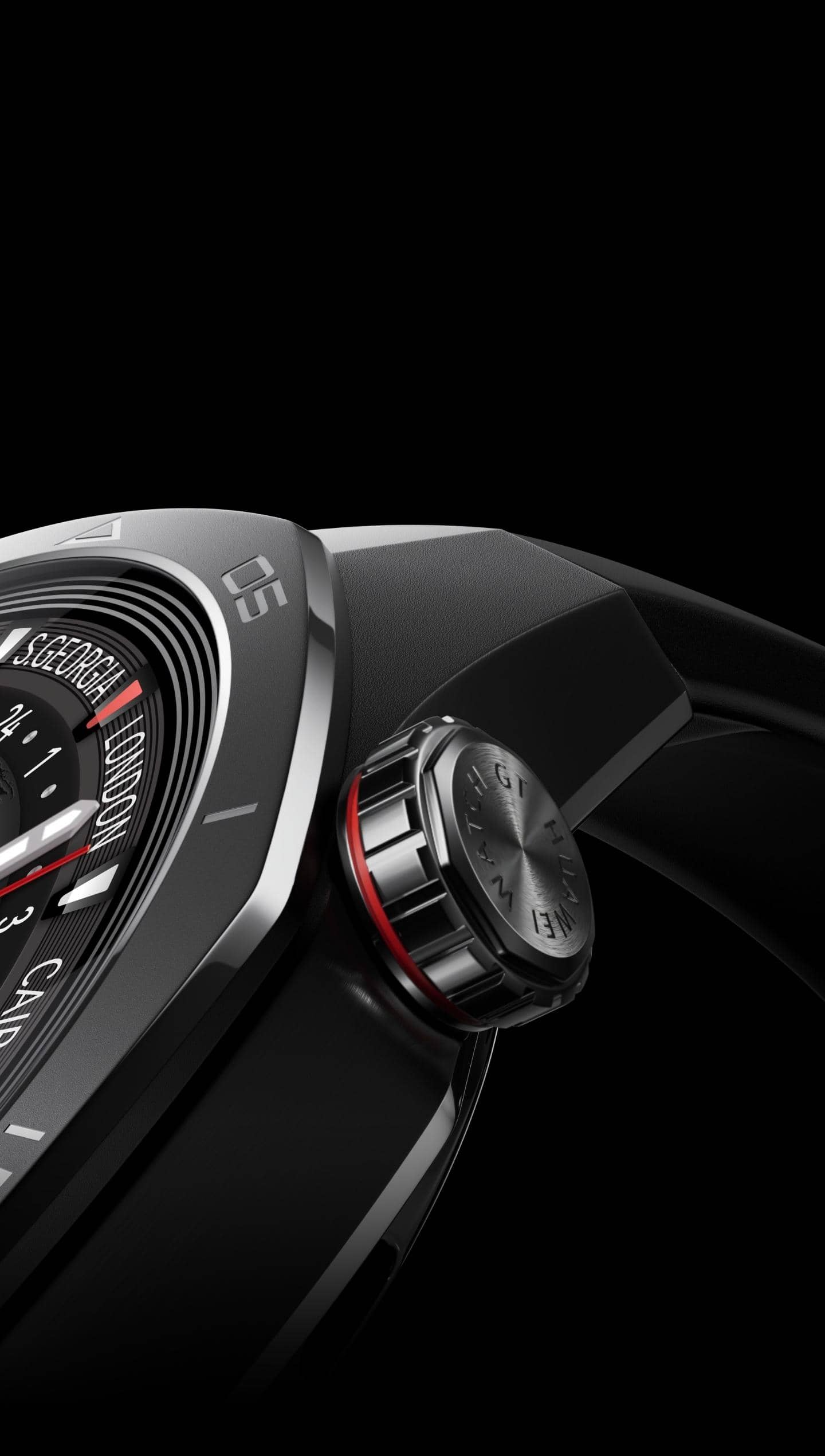 展示 HUAWEI WATCH GT 5 Pro 46mm 的运动款，搭配钛合金表体与氟橡胶表带