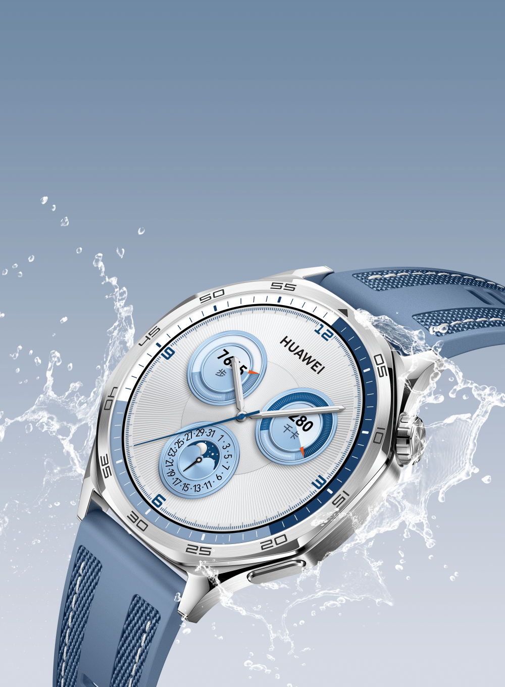HUAWEI WATCH GT 5 侧视图,展现了HUAWEI WATCH GT 5 抗刮耐磨、防水的功能 