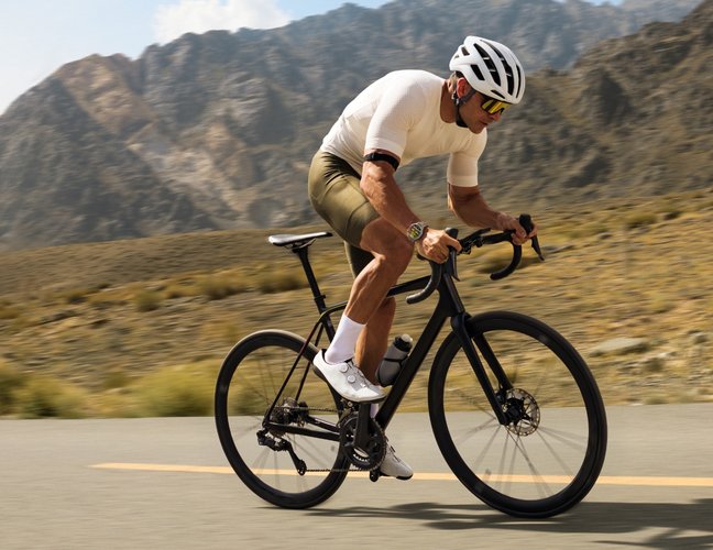 用户佩戴 HUAWEI WATCH GT 6 骑行，展示了手表支持通过蓝牙连接心率带、速度计等三方骑行配件