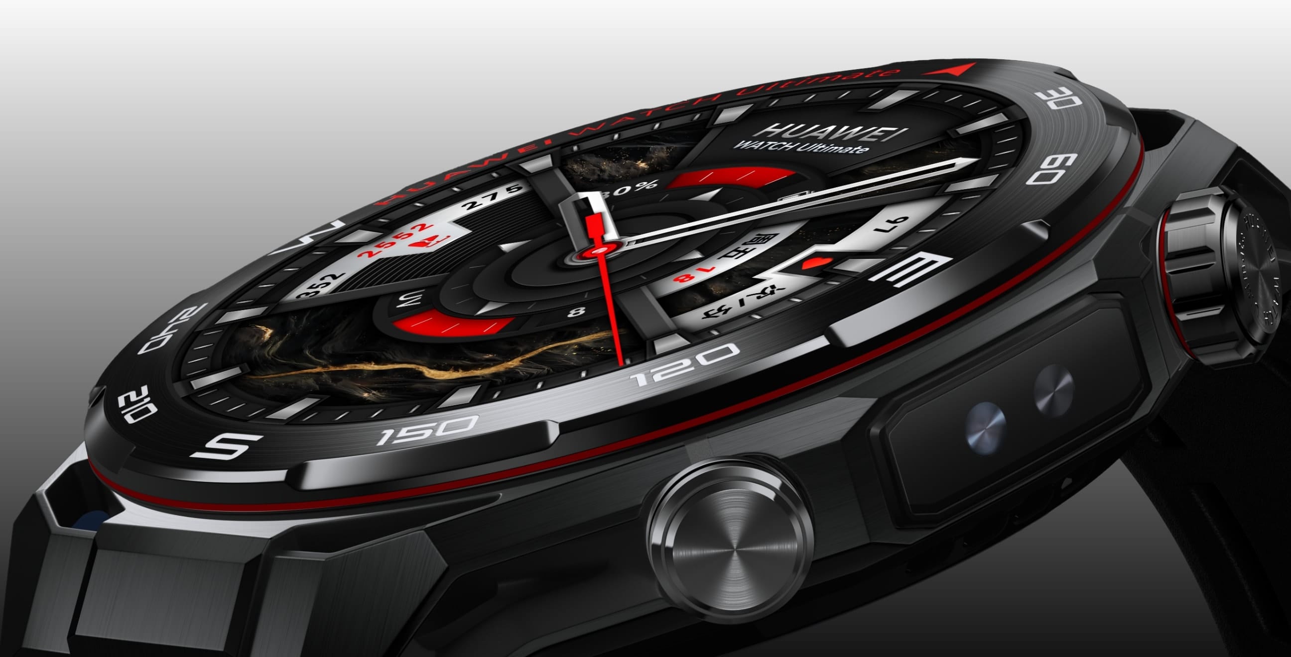 HUAWEI WATCH Ultimate 2 的黑色款,展示了苍穹黑的手表配色以及对应适配的氟橡胶表带