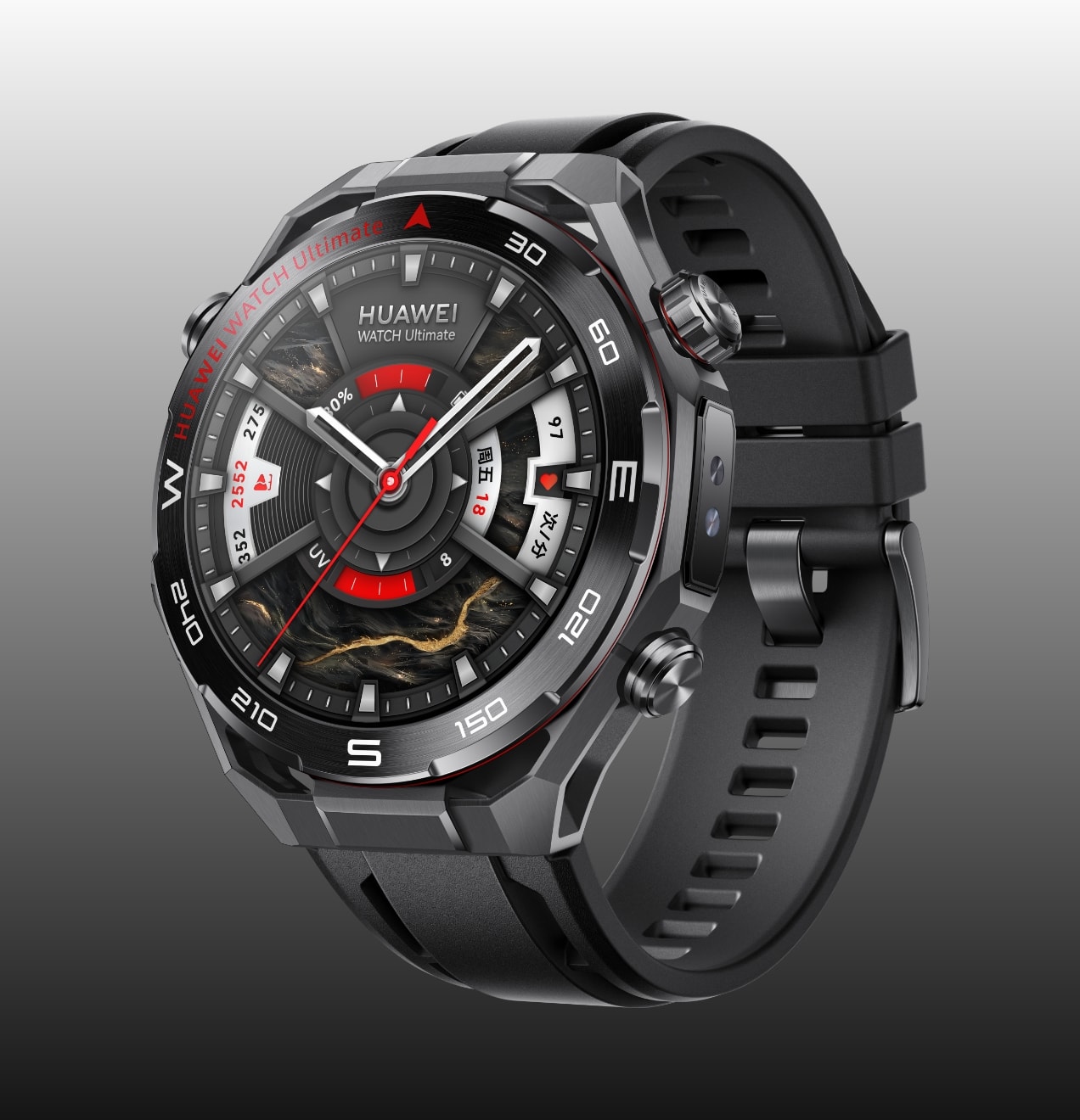 HUAWEI WATCH Ultimate 2 的黑色款,展示了苍穹黑的手表配色以及对应适配的氟橡胶表带