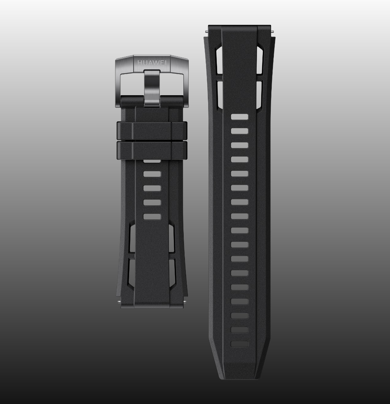 HUAWEI WATCH Ultimate 2 的黑色款,展示了苍穹黑的手表配色以及对应适配的氟橡胶表带