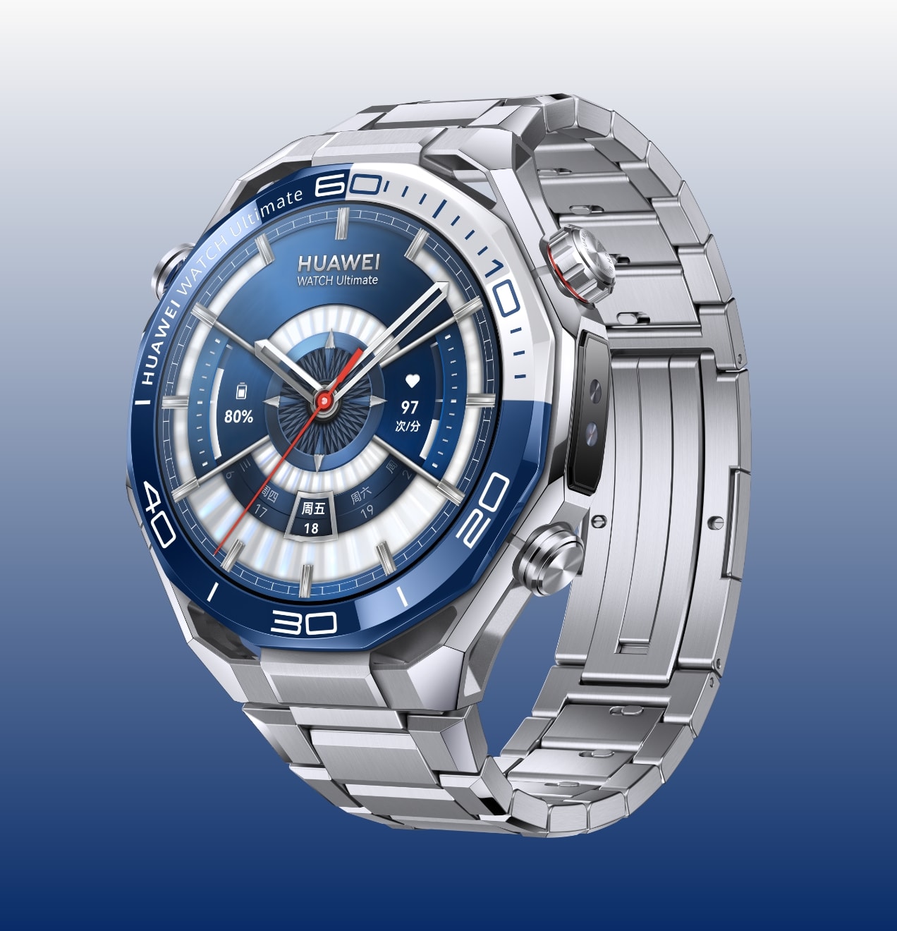 HUAWEI WATCH Ultimate 2 的蓝色款,展示了蔚海蓝的手表配色以及对应适配的氟橡胶表带