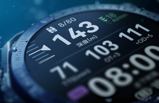 展示了 HUAWEI WATCH Ultimate 2 潜水陪伴中的屏幕数据提示功能