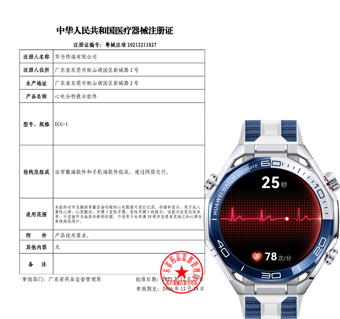 配合手表正面图，展示了 HUAWEI WATCH Ultimate 2 的 ECG 医疗机械注册证