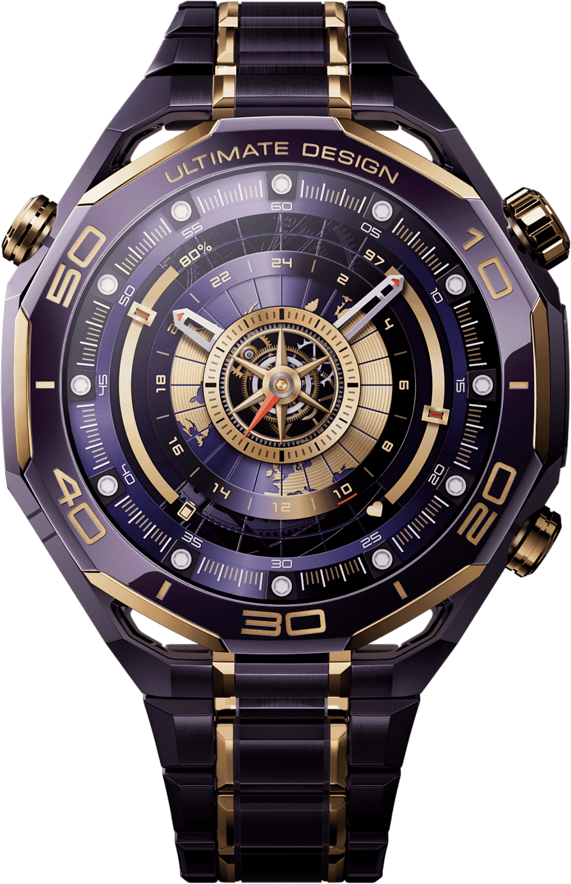 HUAWEI WATCH ULTIMATE DESIGN 非凡大师 紫金款的表圈，展示了紫色陶瓷表圈细节