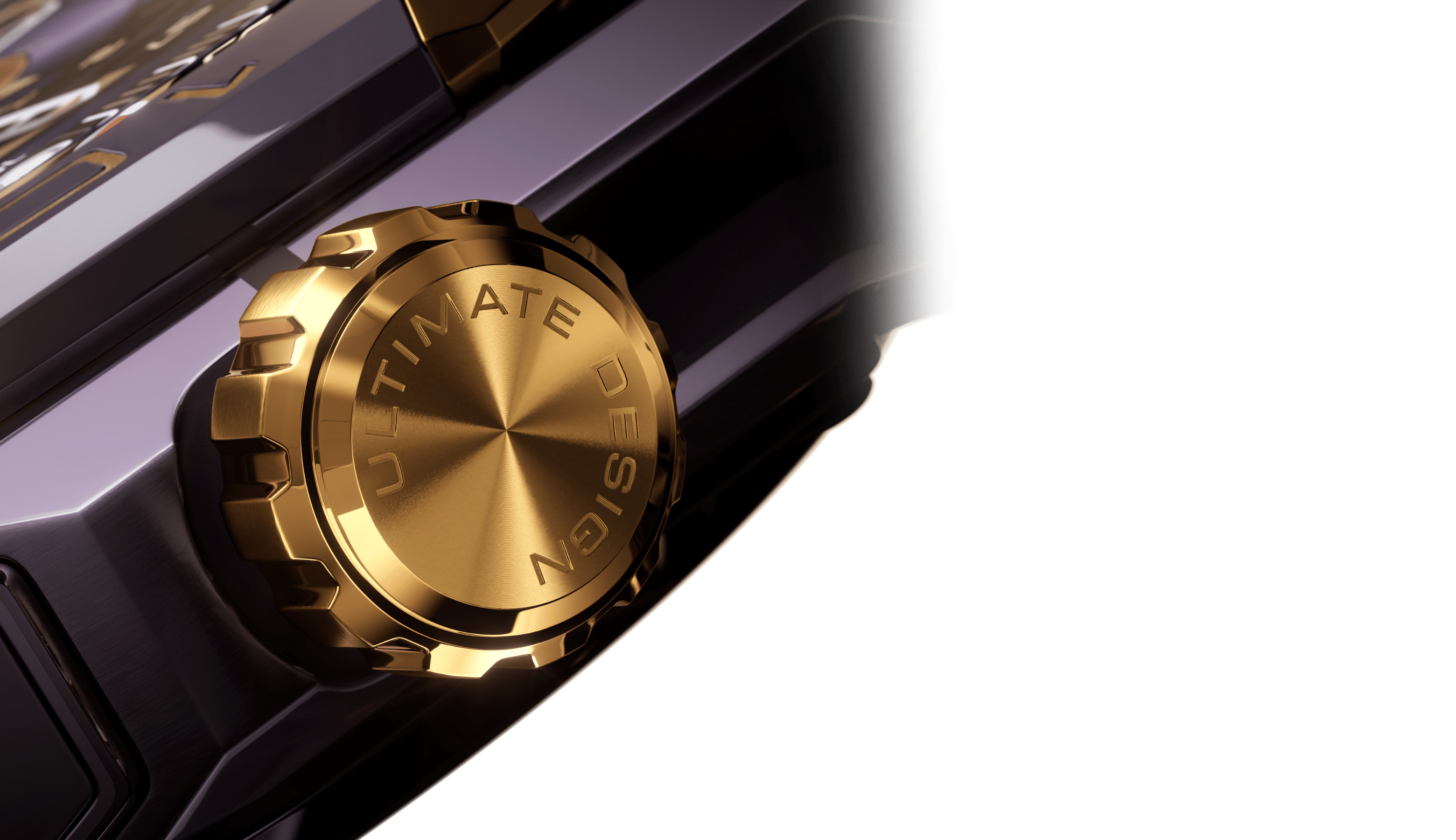 HUAWEI WATCH ULTIMATE DESIGN 非凡大师 紫金款的表冠，展示了黄金表冠细节