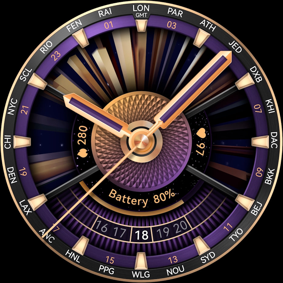 HUAWEI WATCH ULTIMATE DESIGN 非凡大师 紫金款的表盘，展示了专属表盘主题