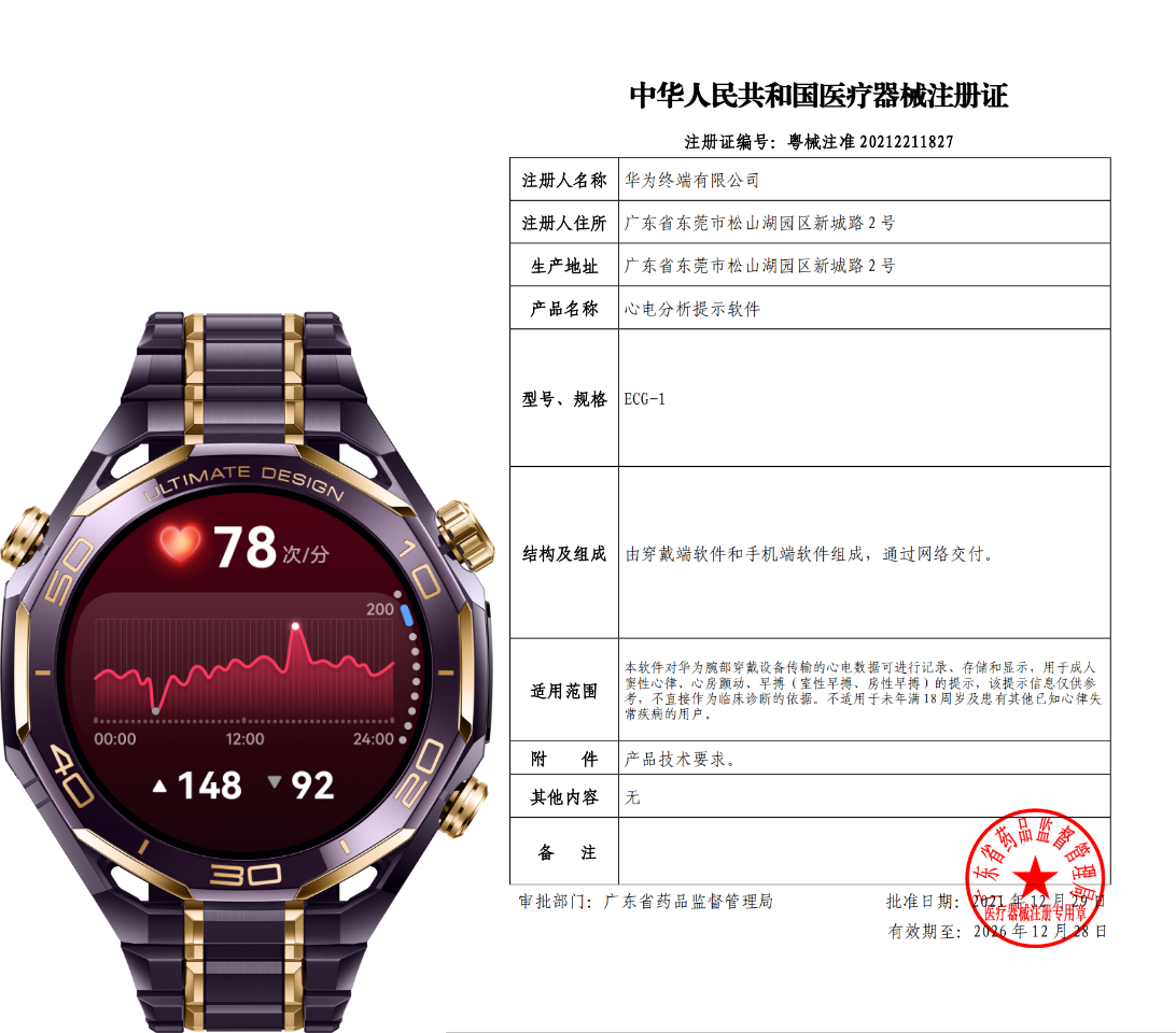 展示了 HUAWEI WATCH ULTIMATE DESIGN 非凡大师 紫金款的 ECG 医疗机械注册证