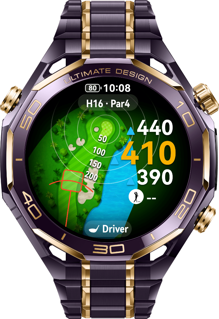 展示了 HUAWEI WATCH ULTIMATE DESIGN 非凡大师 紫金款的高尔夫专业运动模式