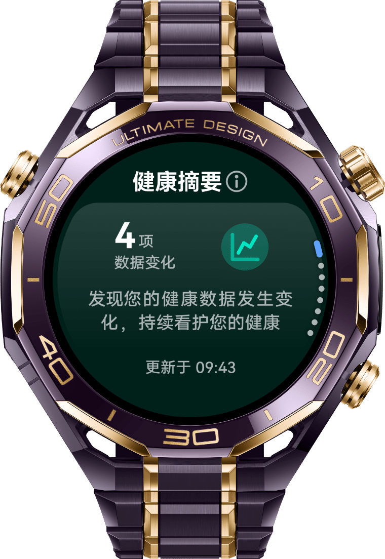 展示了 HUAWEI WATCH ULTIMATE DESIGN 非凡大师 紫金款的健康摘要功能