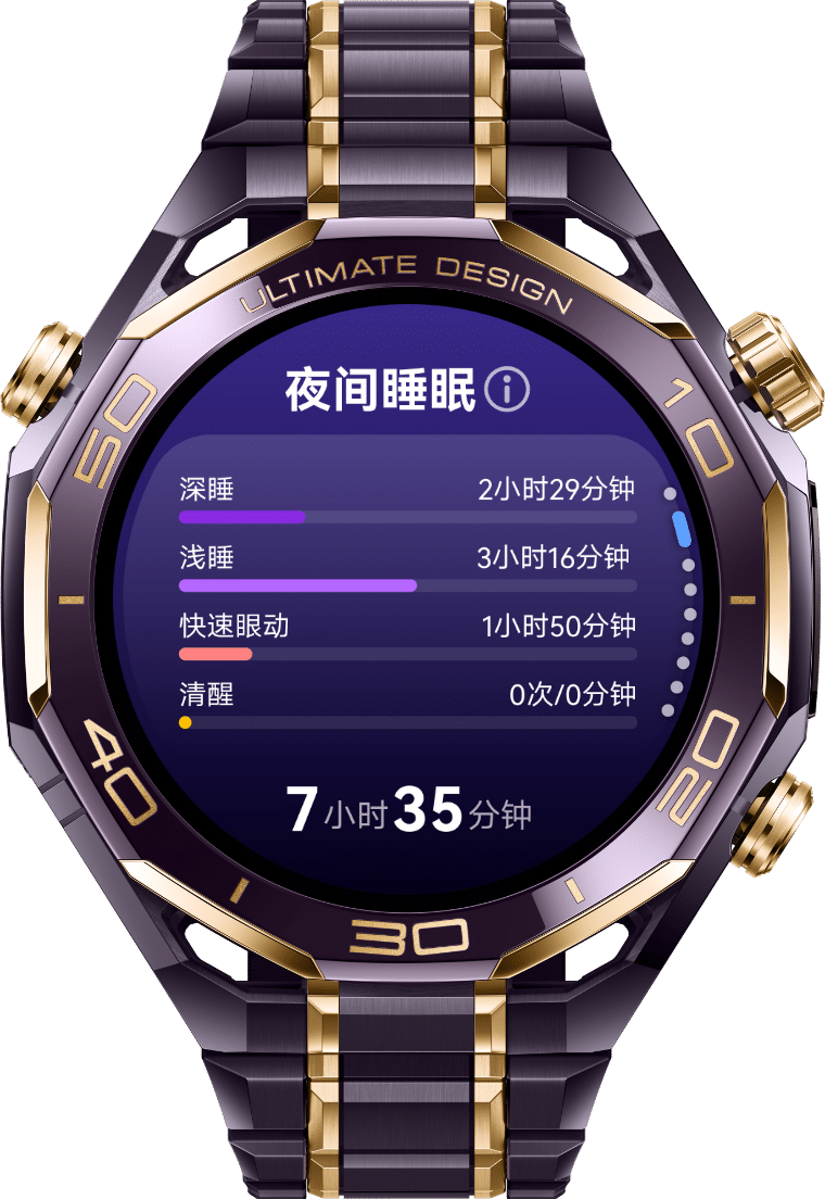 展示了 HUAWEI WATCH ULTIMATE DESIGN 非凡大师 紫金款的睡眠健康监测功能