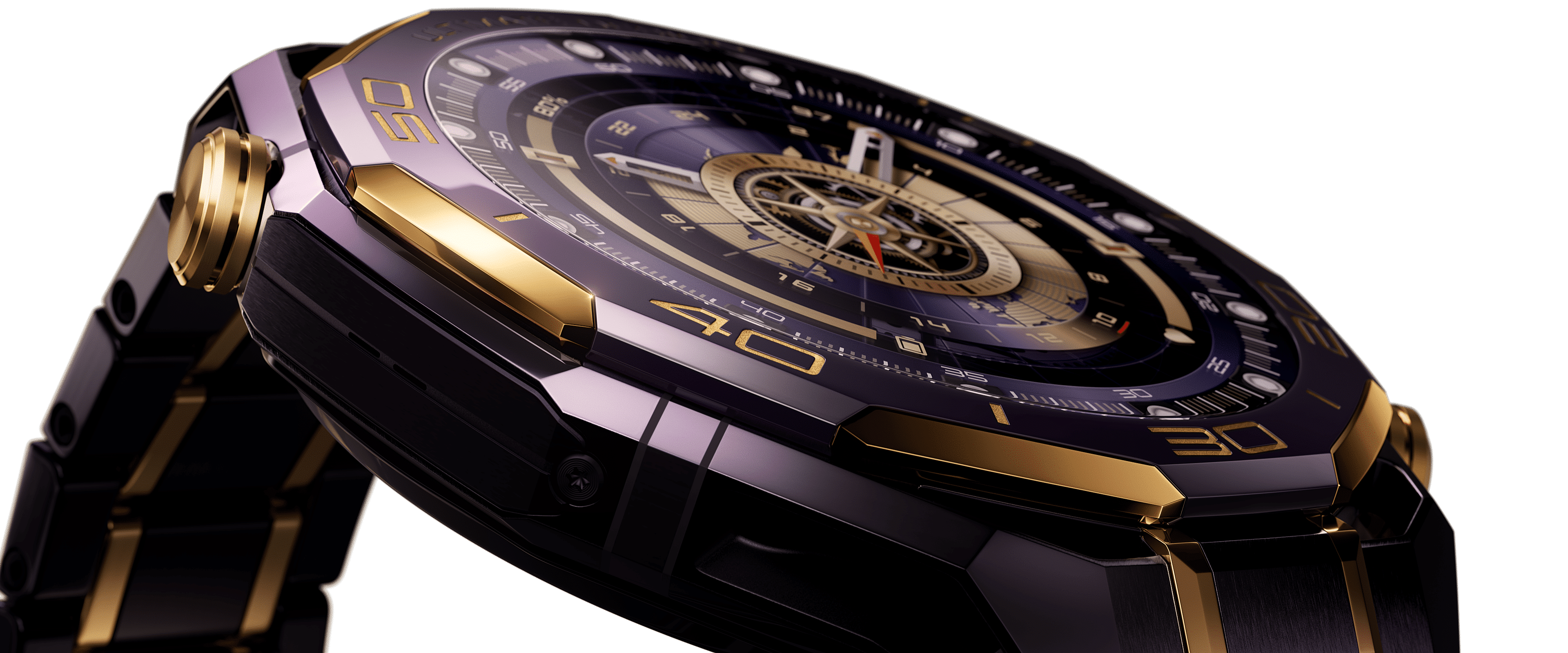 HUAWEI WATCH ULTIMATE DESIGN 非凡大师 紫金款的表体，展示了非晶锆合金表体细节