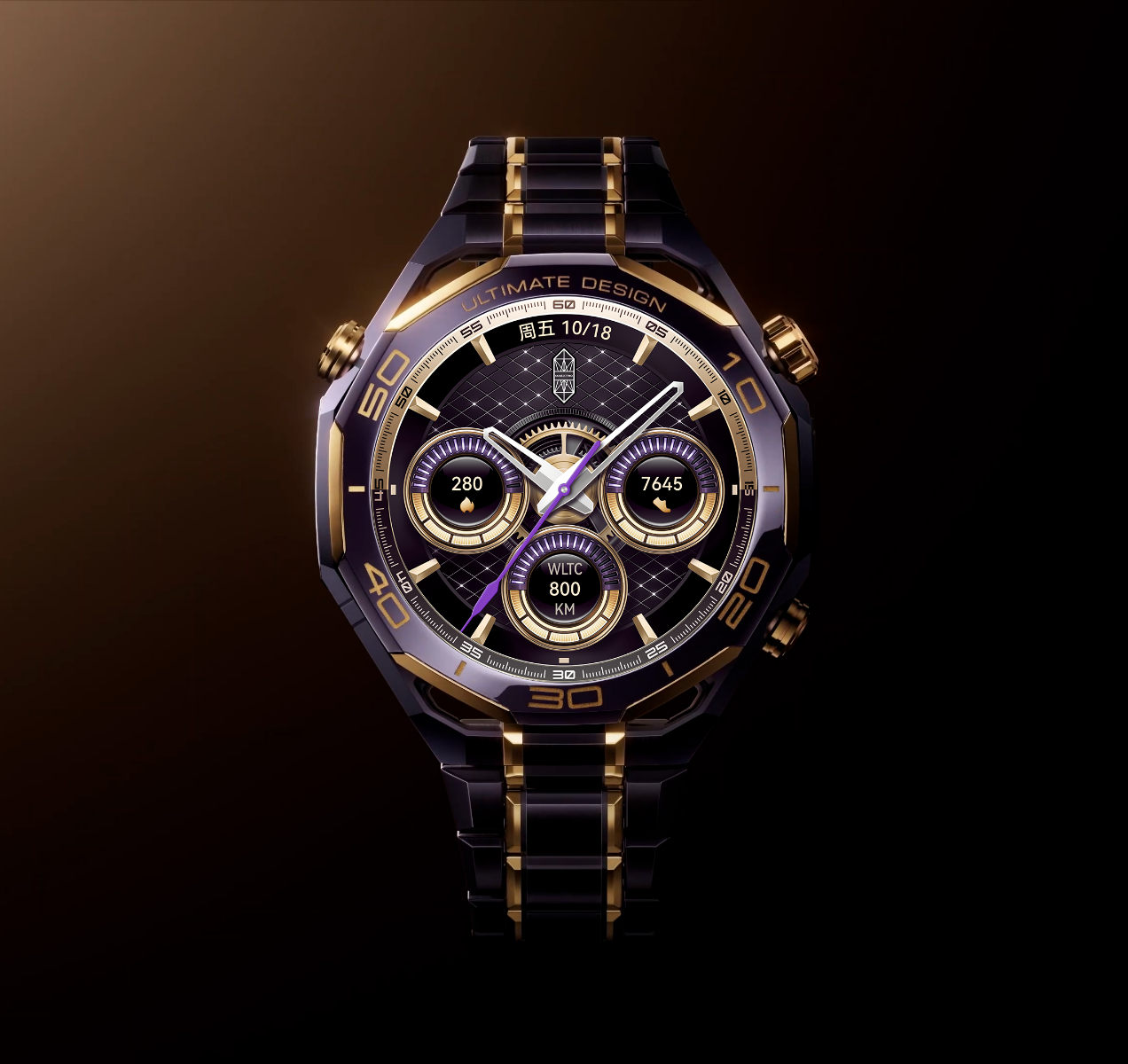 专属表盘呈现，展示了 HUAWEI WATCH ULTIMATE DESIGN 非凡大师 紫金款的尊界版可自定义功能