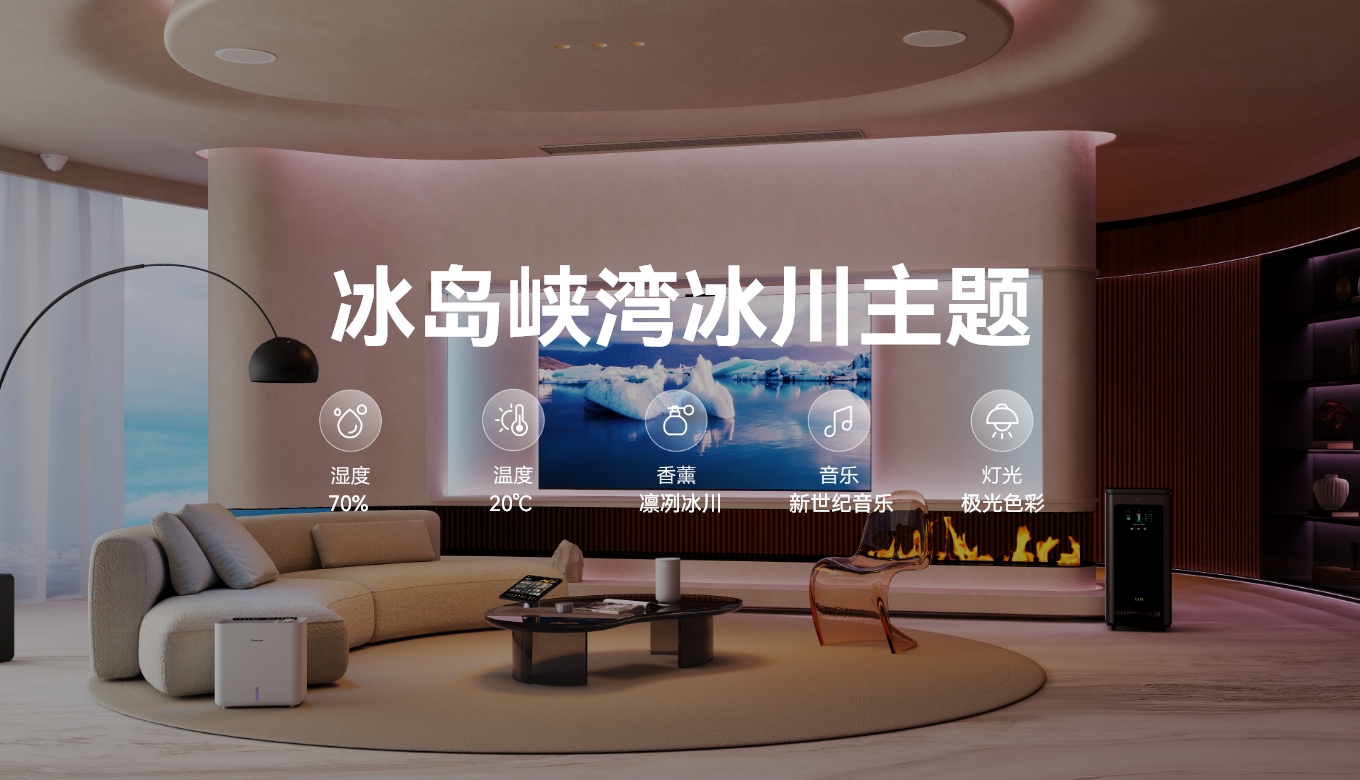 AI 新一代华为鸿蒙智家的冰岛峡湾冰川主题相关设置及场景示意图