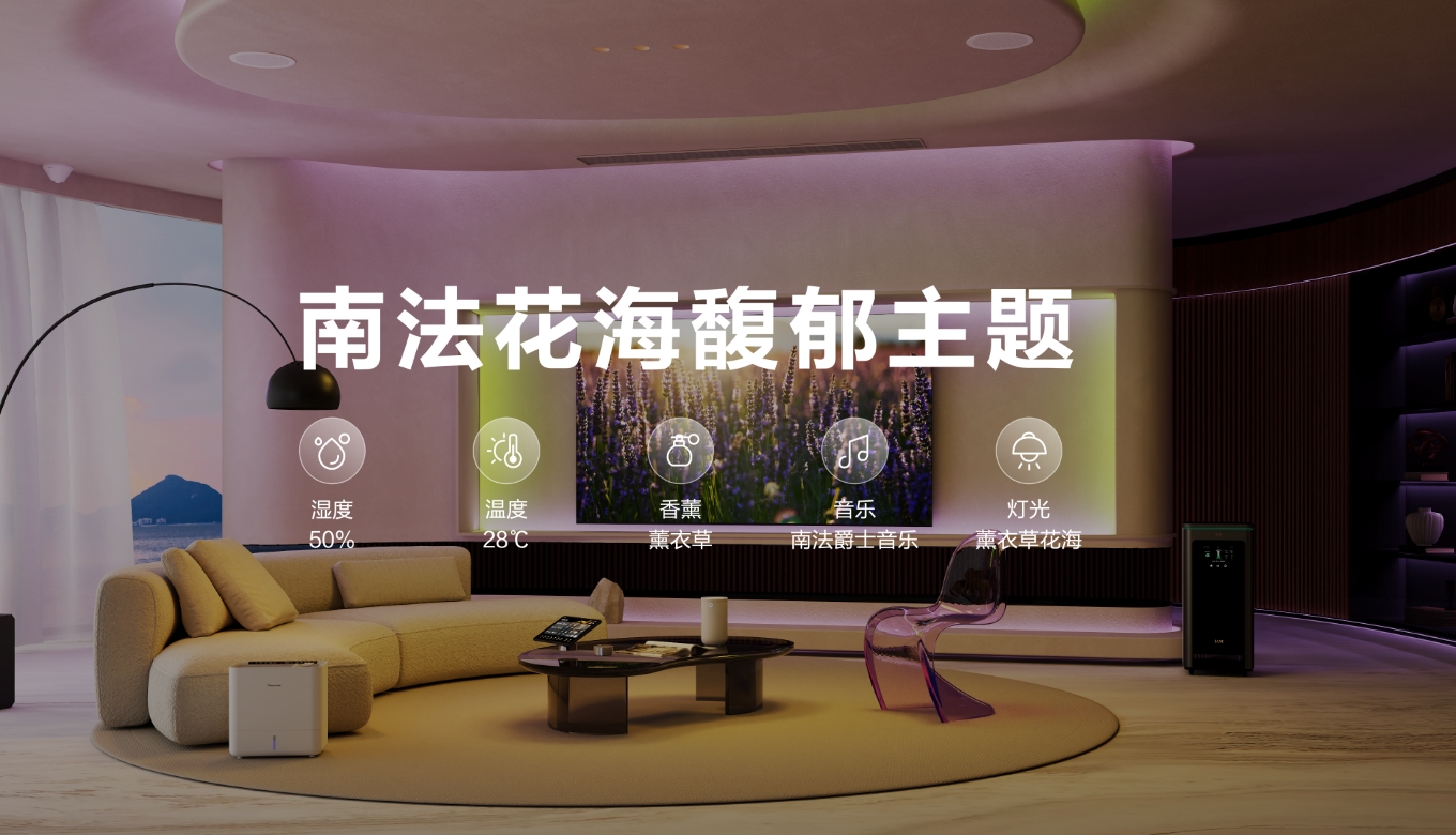 AI 新一代华为鸿蒙智家的南法花海馥郁主题相关设置及场景示意图