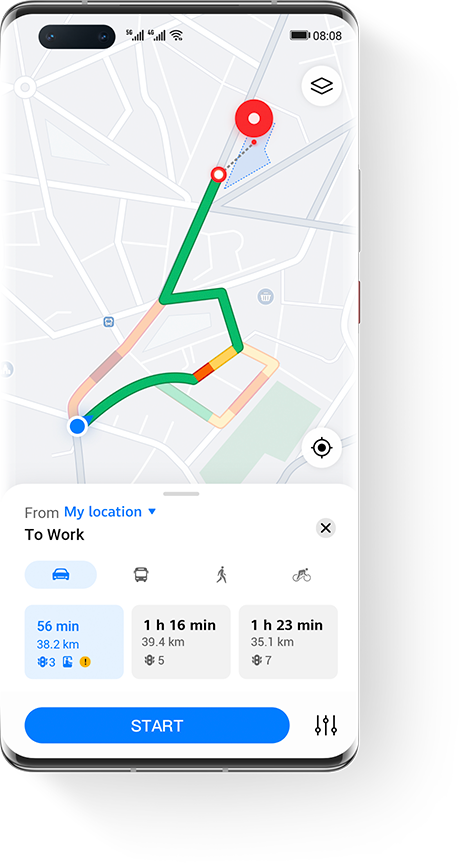 A HUAWEI Mate 40 mobile phone with route planning results displayed on the screen