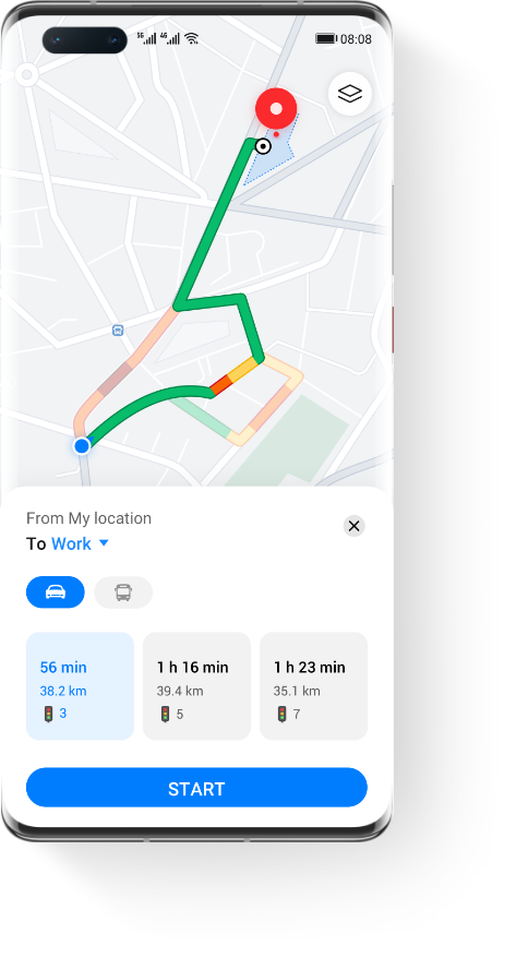 A HUAWEI Mate 40 mobile phone with route planning results displayed on the screen