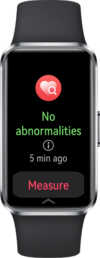 A front view of black HUAWEI Band 10, displaying the monitoring interface, highlights the device's pulse wave arrhythmia analysis function