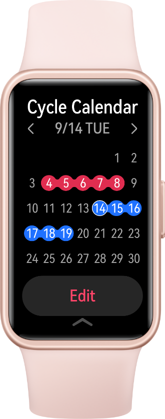 A front view of the pink HUAWEI Band 10, displaying the menstrual cycle calendar view,which highlights the device's female health management capabilities