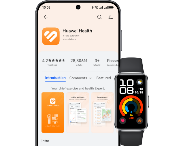The phone displays HUAWEI Health app, while the black HUAWEI Band 10 shows the three rings watch face, highlighting the device's extensive compatibility with various devices