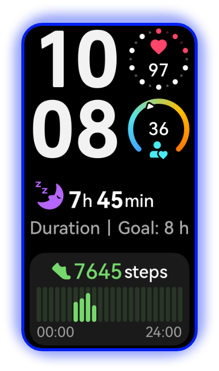 The dial loops on the black HUAWEI Band 10, showcasing the richness of the watch faces