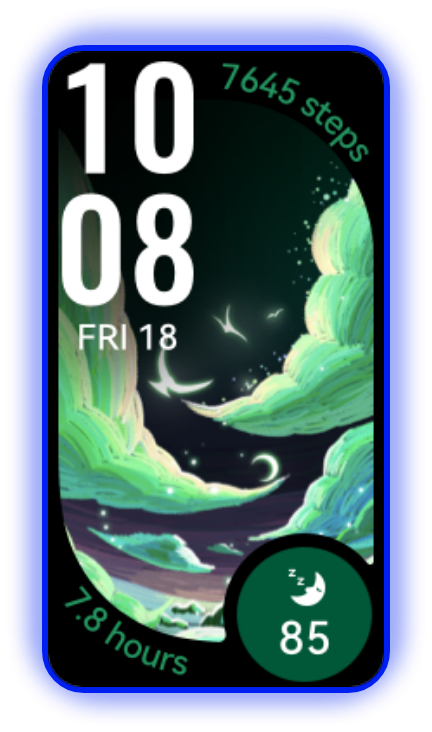 The dial loops on the black HUAWEI Band 10, showcasing the richness of the watch faces