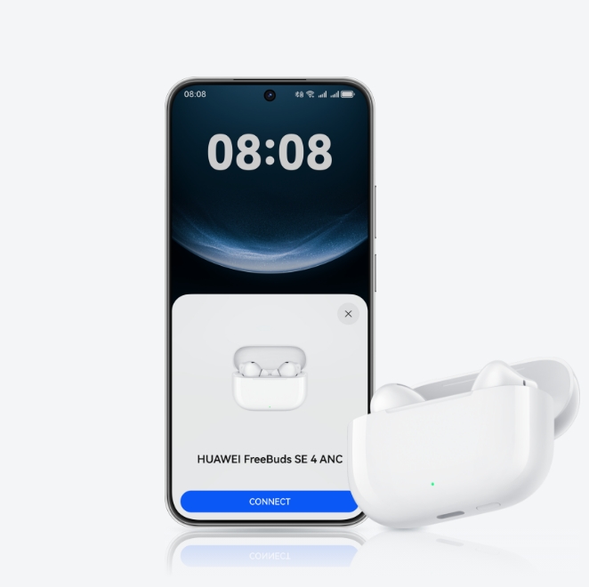 Shows the connection of HUAWEI FreeBuds SE 4 ANC to the phone with the charging case open