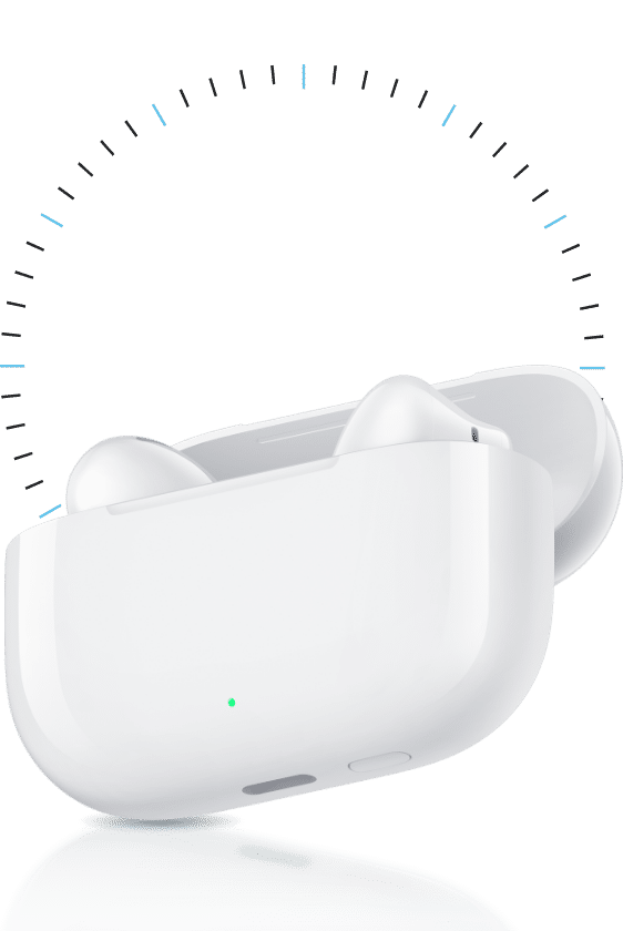 Shows the long battery life of HUAWEI FreeBuds SE 4 with the charging case open and the earbuds inside