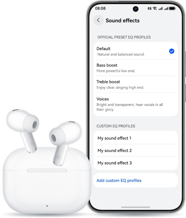 Shows the four preset EQ modes and EQ customisation of HUAWEI FreeBuds SE 4 ANC with the earbuds outside the charging case