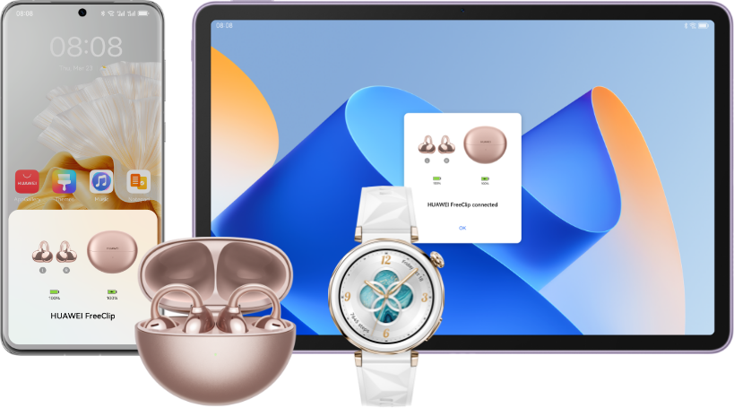Connect the HUAWEI FreeClip to your watch, phone, and tablet.