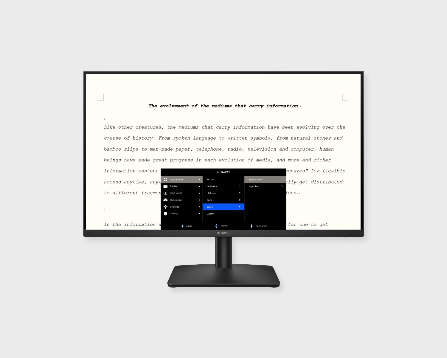 HUAWEI MateView SE 27'' QHD's interface showing eBook modes