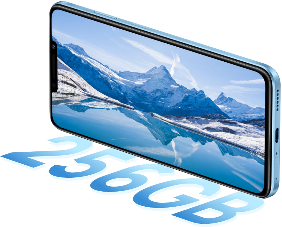 HUAWEI nova 14i front view with a wallpaper, show the 256 GB big storage