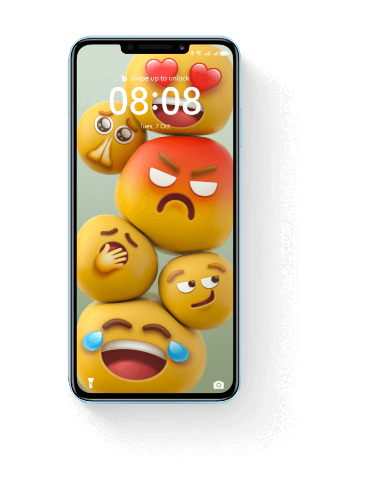 HUAWEI nova 14i front view with emoji theme wallpaper, show the interaction of EMUI 14.2