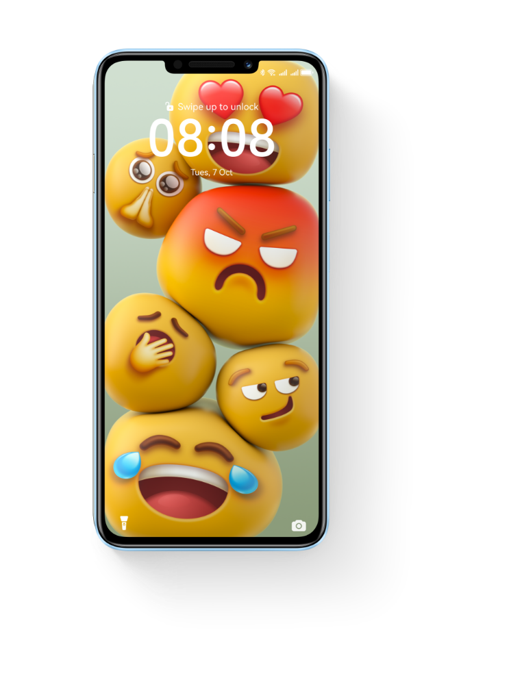 HUAWEI nova 14i front view with emoji theme wallpaper, show the interaction of EMUI 14.2