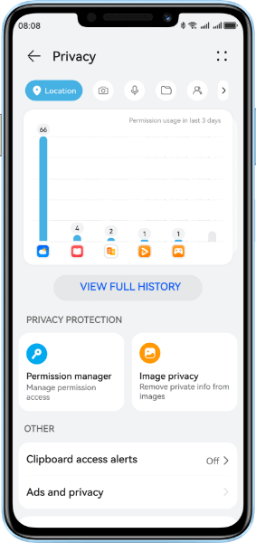 HUAWEI nova 14i front view with interface, show the privacy centre of EMUI 14.2