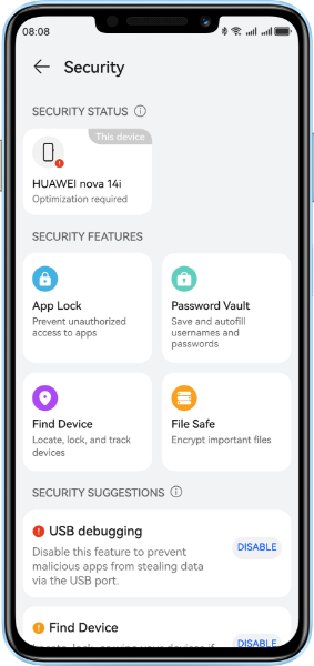 HUAWEI nova 14i front view with interface, show the security centre of EMUI 14.2