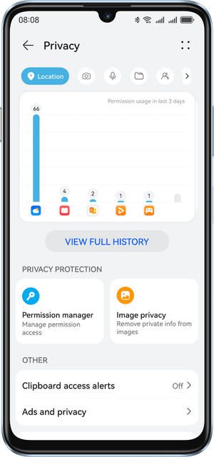 Privacy Center screen on HUAWEI nova Y72S