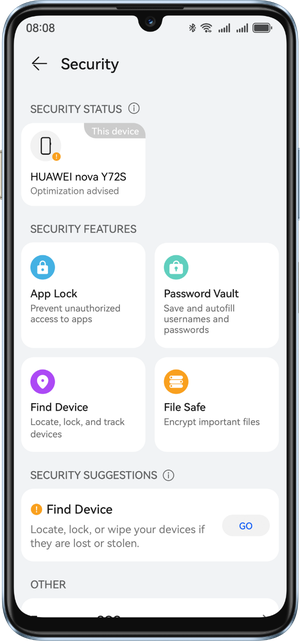 Security Center screen on HUAWEI nova Y72S
