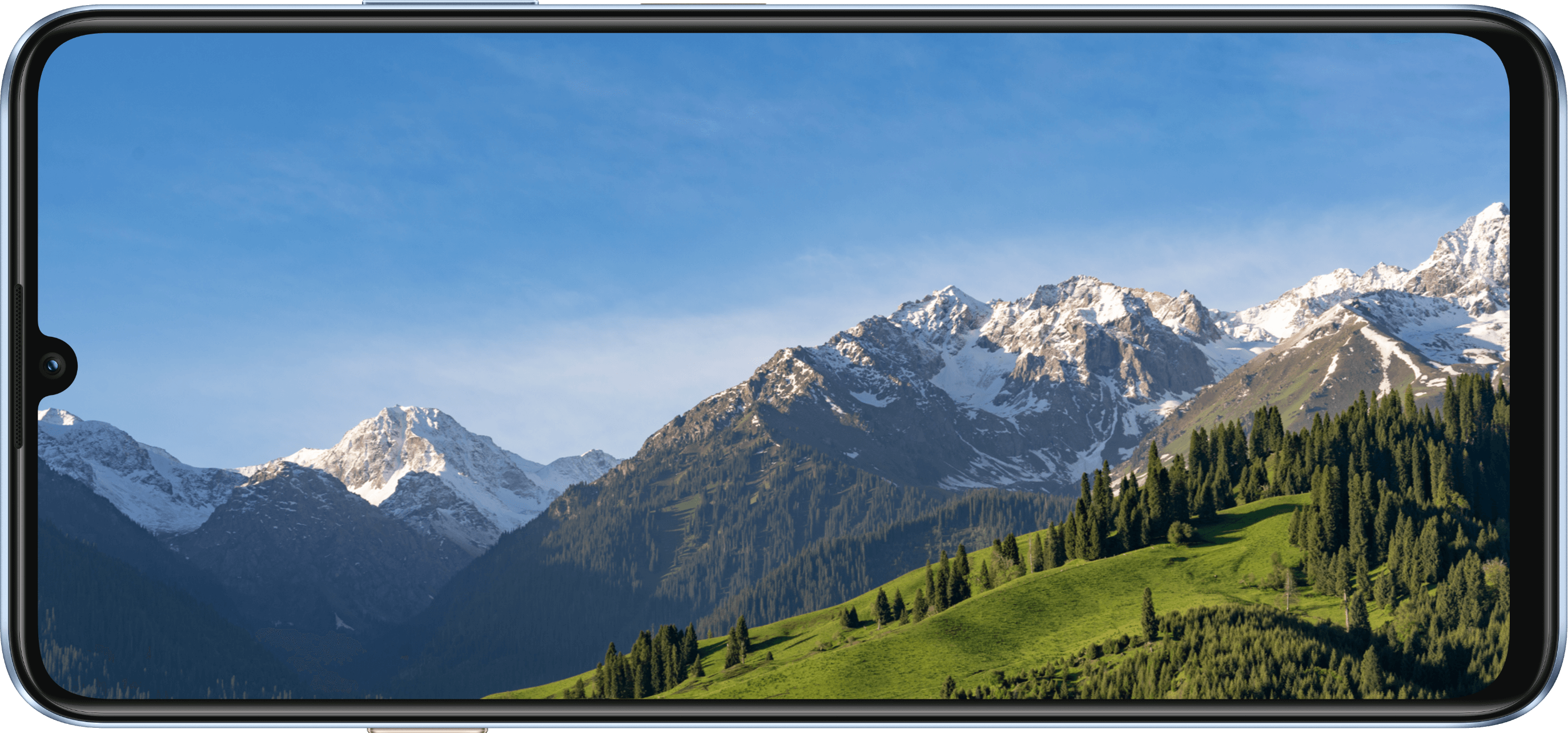 HUAWEI nova Y72S displaying a landscape image, demonstrating the 6.75'' AOD Eye Comfort Display